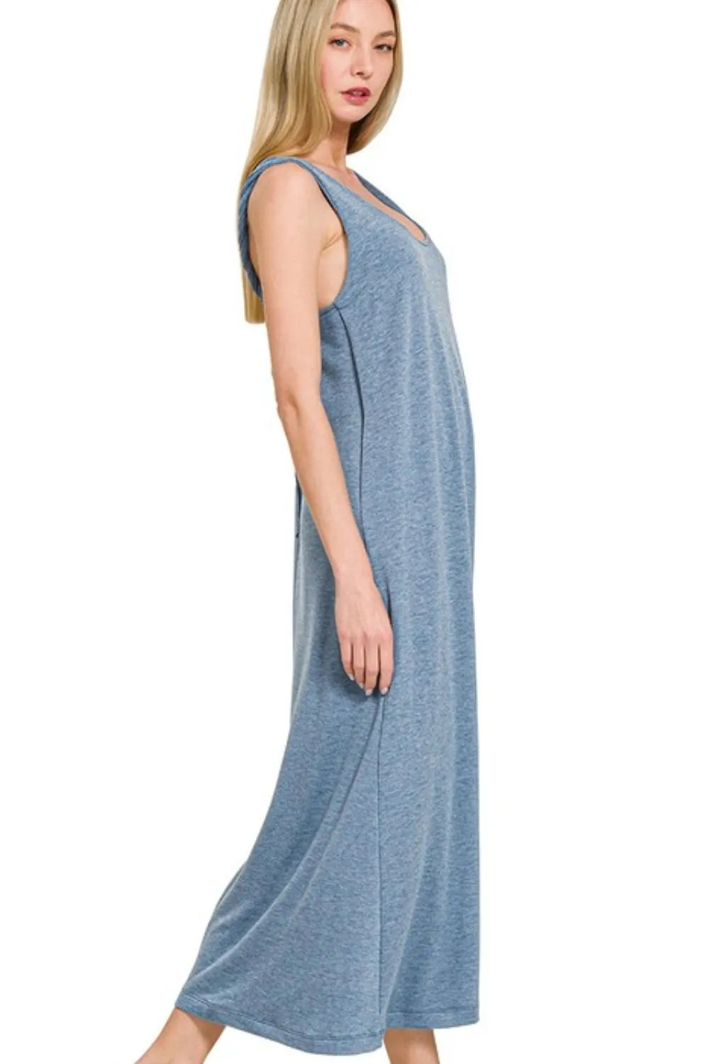 French Terry Twist Strap Midi Dress in Dusty Blue back view