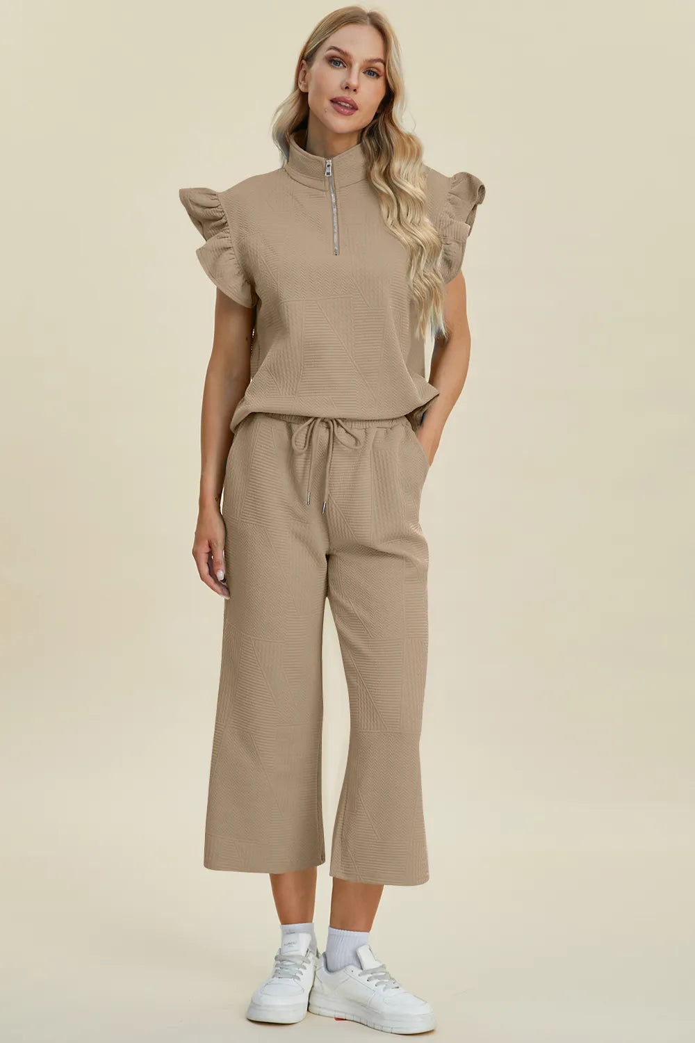 Double Take Full Size Texture Ruffle Short Sleeve Top and Wide Leg Pants Set - Fashorio