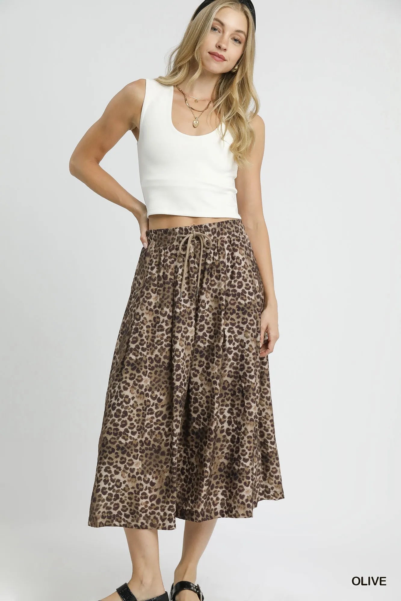Umgee Drawstring Leopard Midi Skirt - Fashorio
