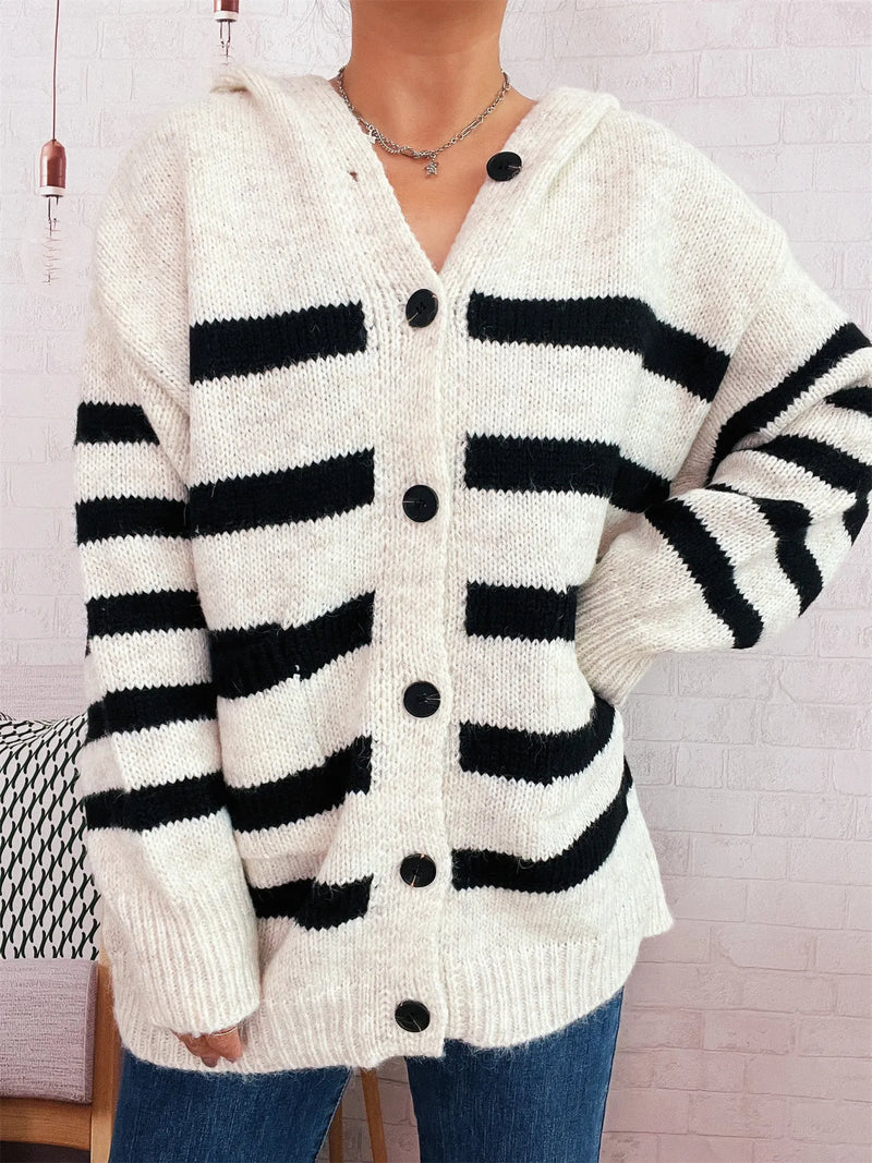 Striped hooded button cardigan front view