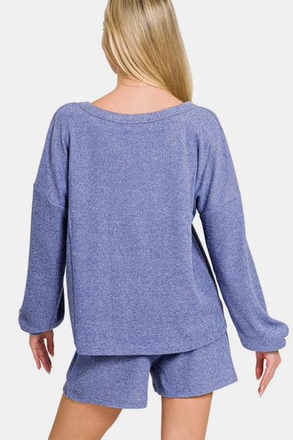 Zenana V-Neck Long Sleeve Ribbed Top and Shorts Set - Fashorio