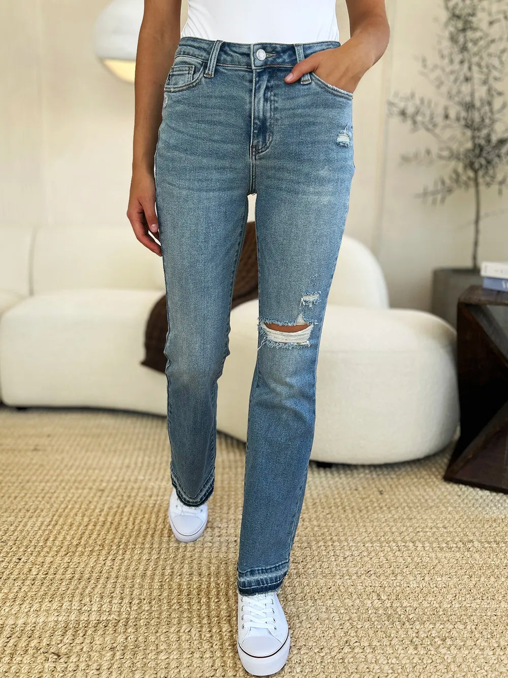 Judy Blue Mid Rise Destroyed Hem Distressed Jeans back view