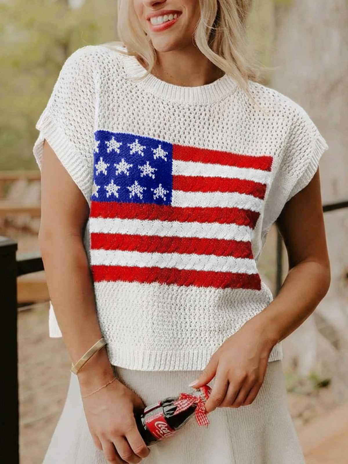 American flag knitted short sleeve sweater front