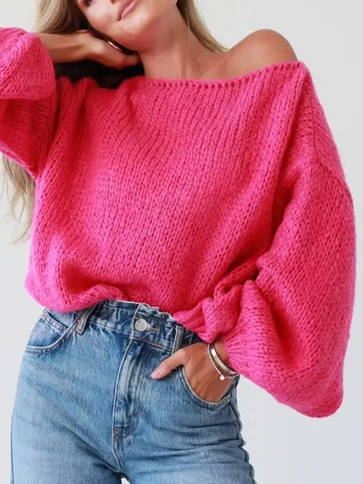 Oversized chunky knit sweater side drape