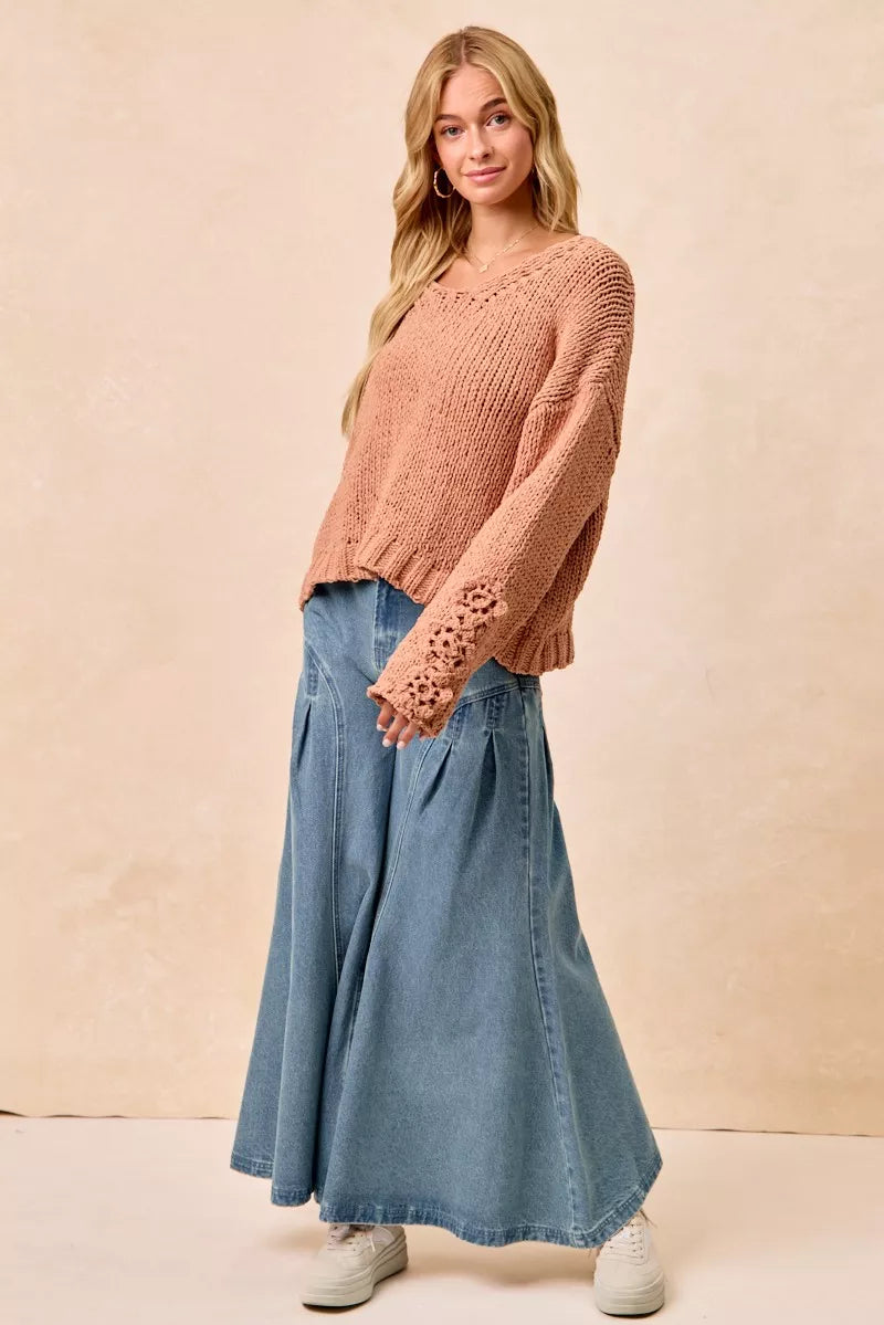 Chunky Knit Sweater with Floral Sleeves in Dusty Peach detail