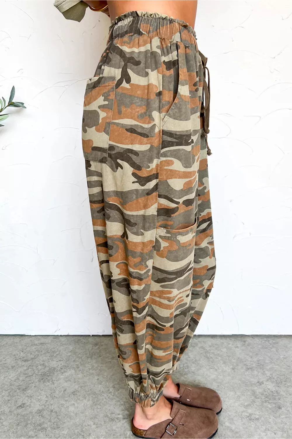 Back view of taupe camo jogger pants