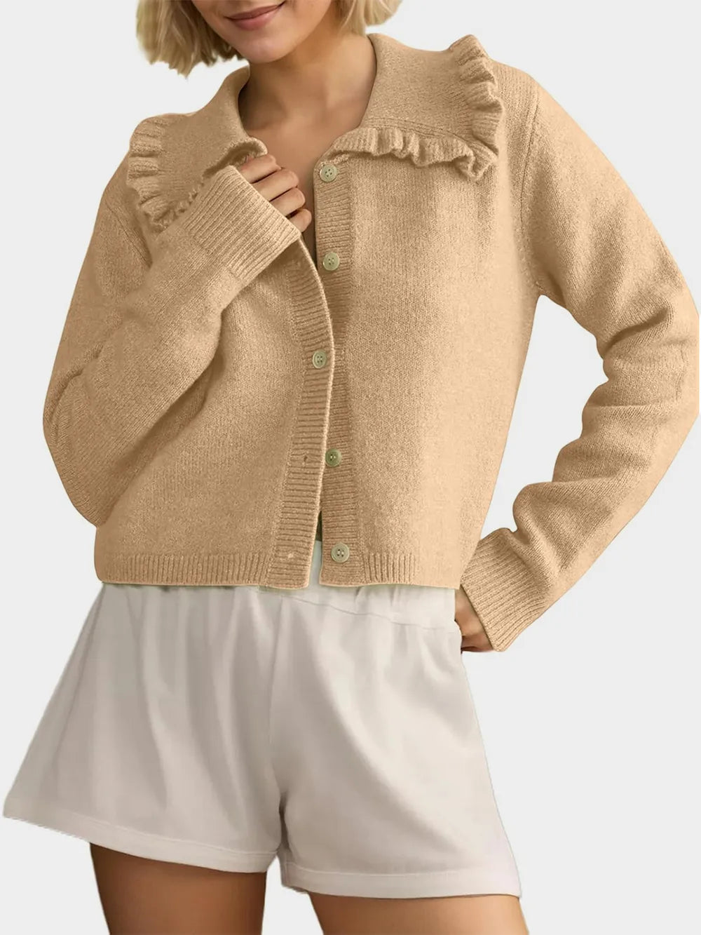 Frill Button Up Collared Neck Long Sleeve Cardigan Tan - Fashorio