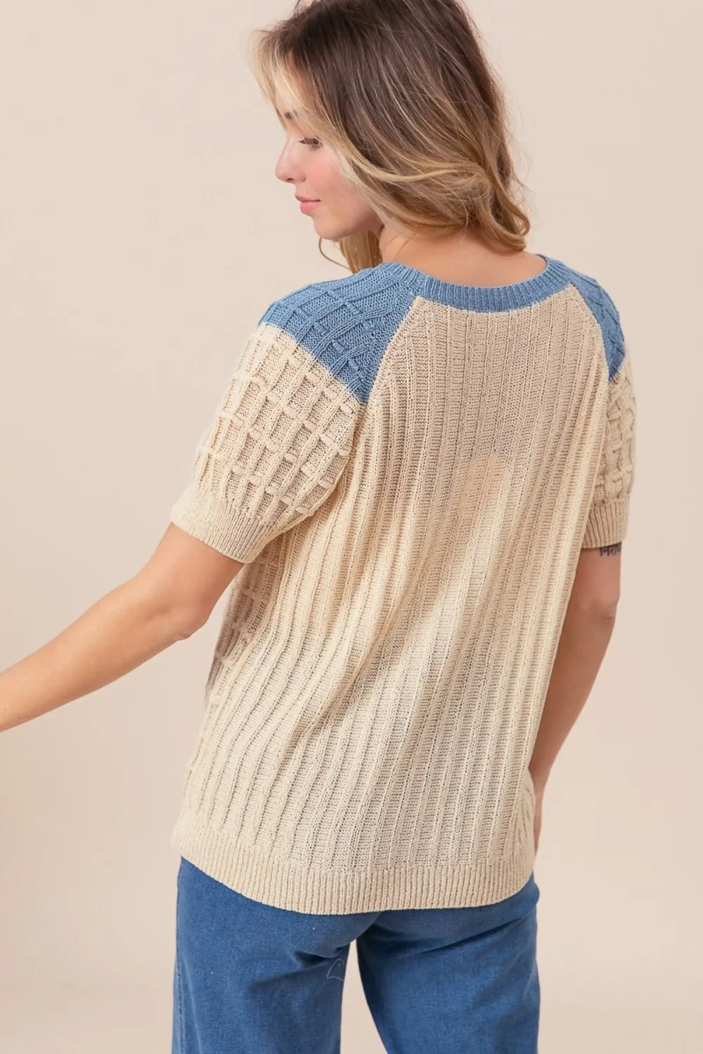 Textured Contrast Short Sleeve Sweater in Oatmeal and Denim back view