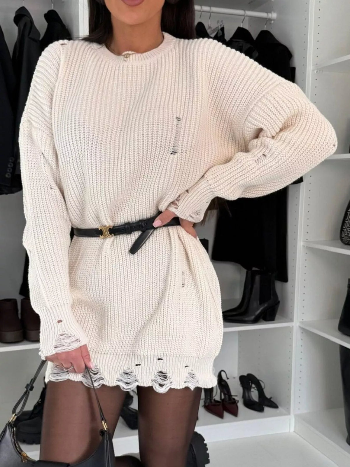 distressed drop shoulder sweater dress full length view