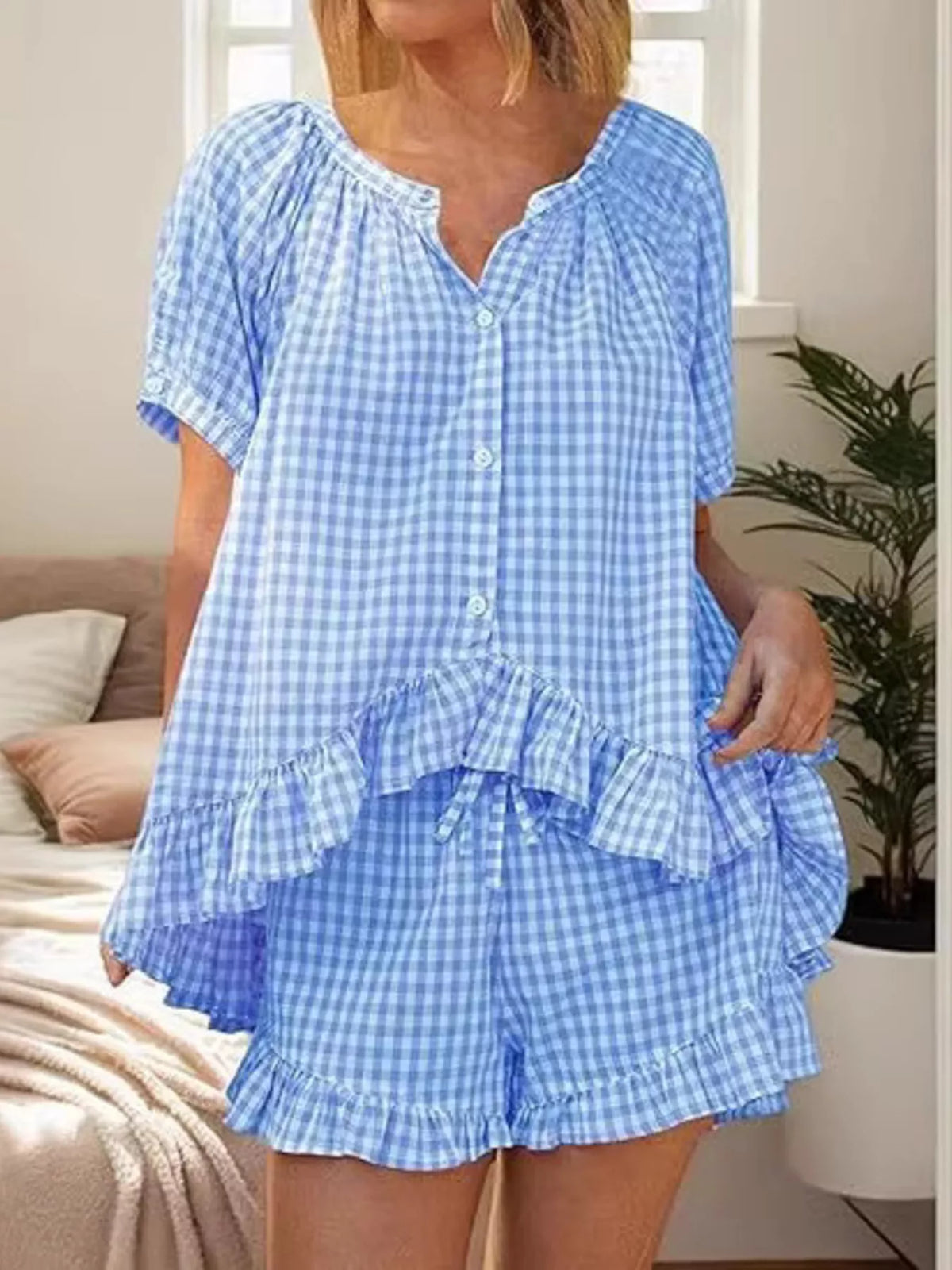 Gingham ruffle top and shorts two piece set front view