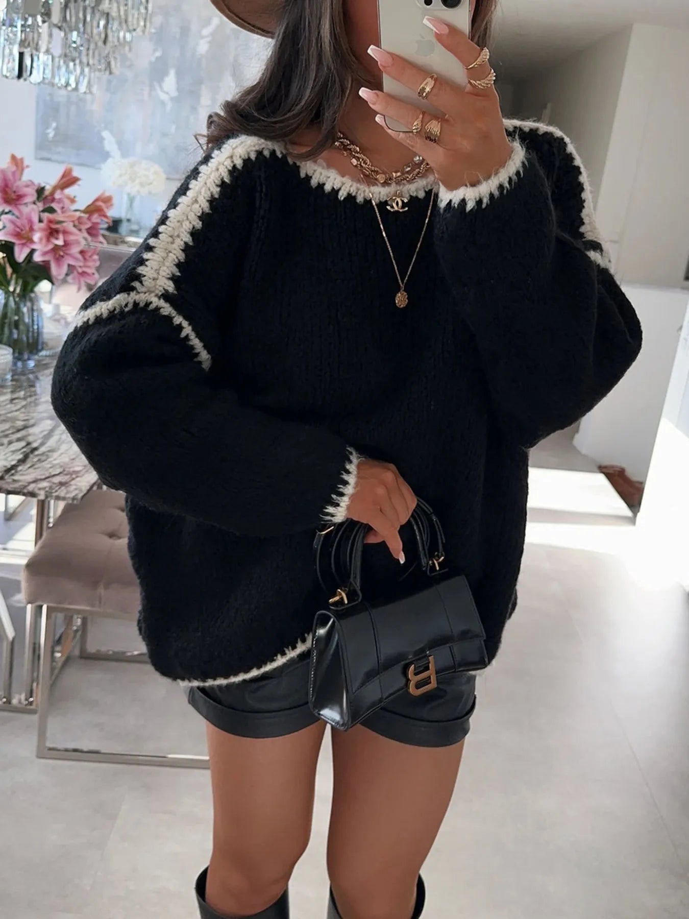 Contrast Trim Oversized Sweater Black - Fashorio