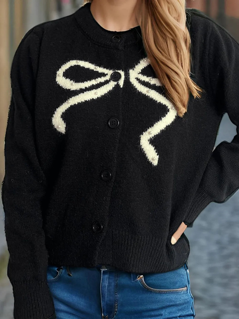 Bow Button Down Round Neck Cardigan Black One Size - Fashorio