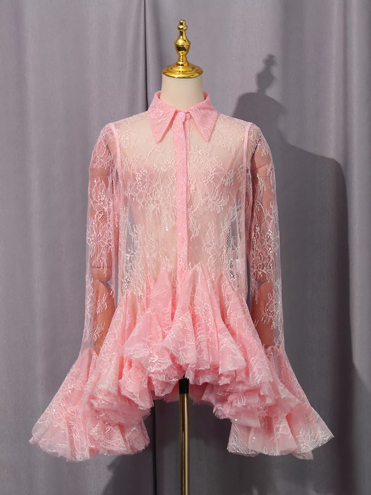 ruffled hem lace long sleeve dress front view