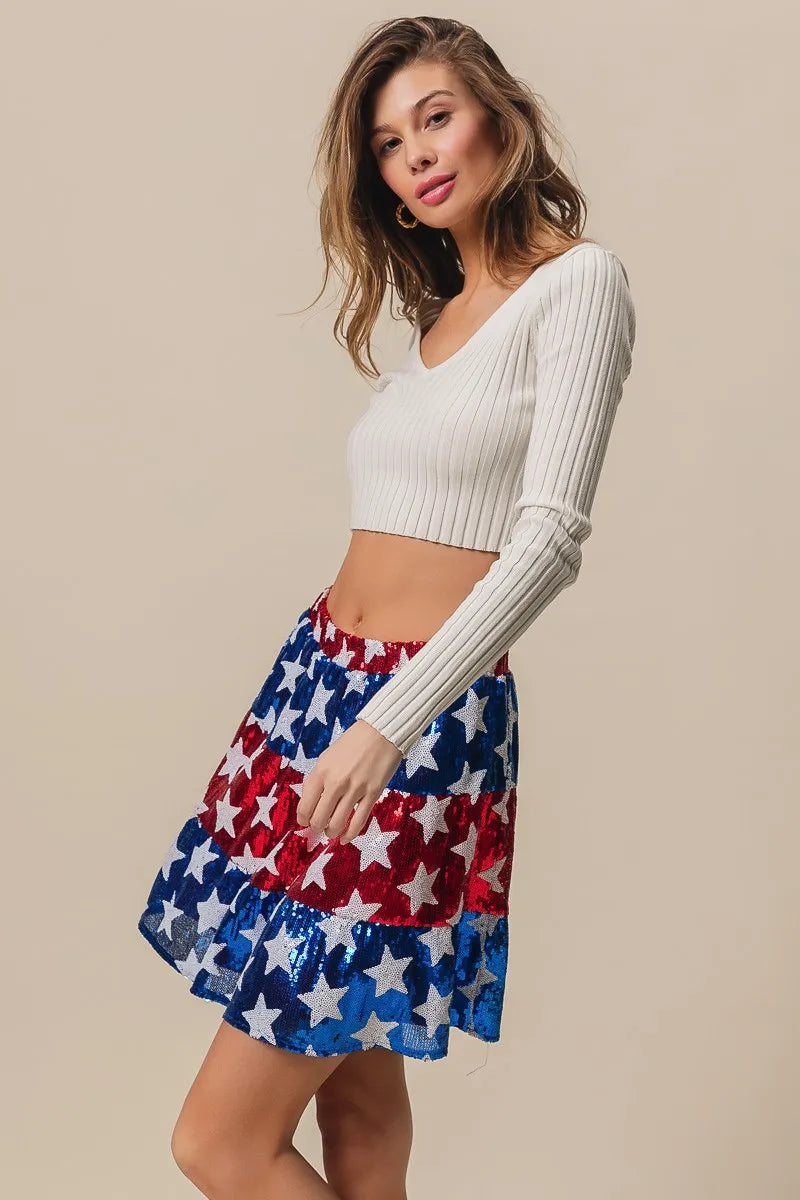 BiBi American Flag Theme Star Sequin Tiered Skirt - Fashorio