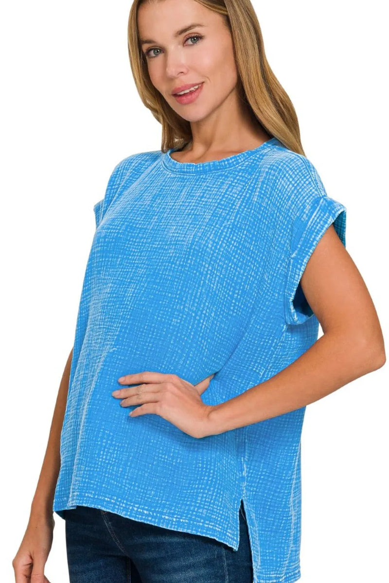 Double gauze acid washed short sleeve top front view
