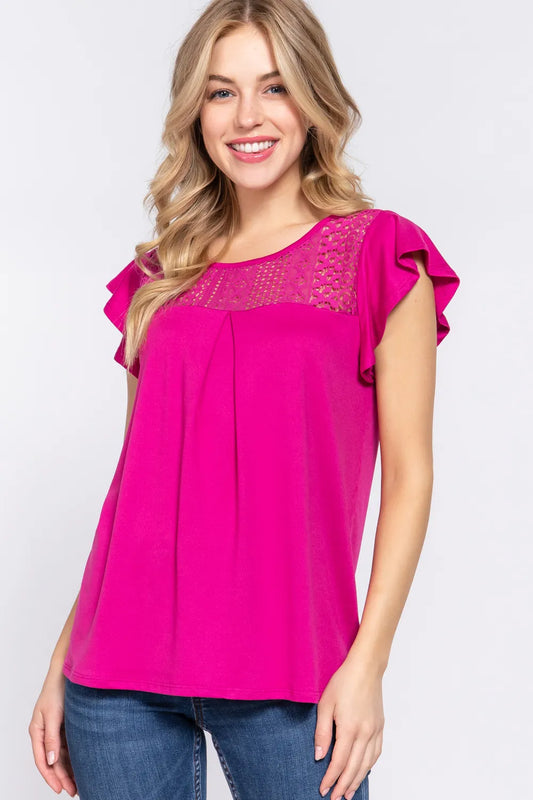 ACTIVE BASIC Ruffle Short Sleeve Lace Detail Knit Top MAGENTA - Fashorio