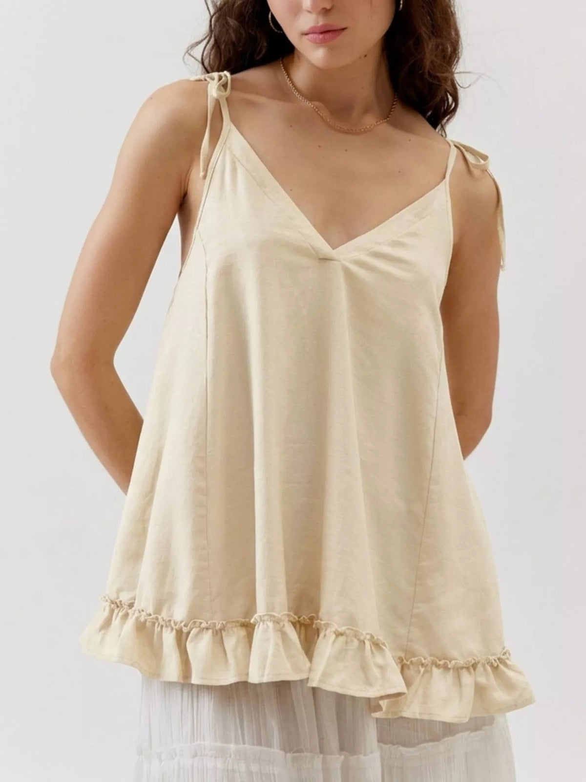 Tie strap ruffle hem cami full length view