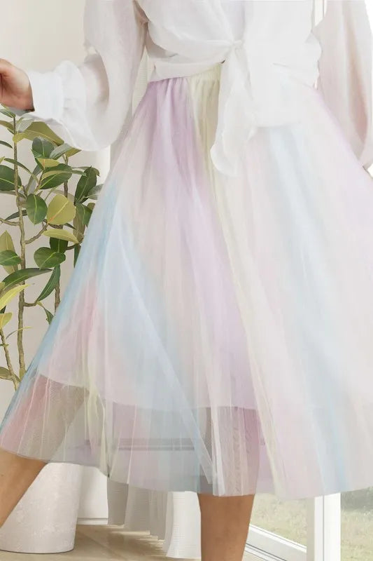 ADORA Unicorn Pleated Mesh Flare Midi Skirt - Fashorio