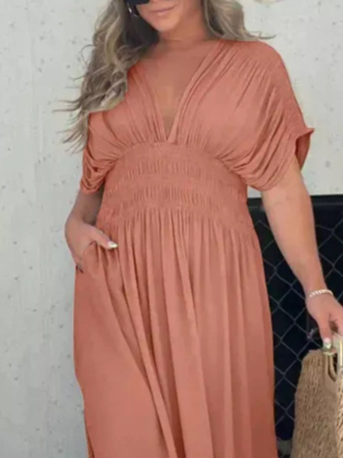 Slit V neck smocked waist maxi dress styled look