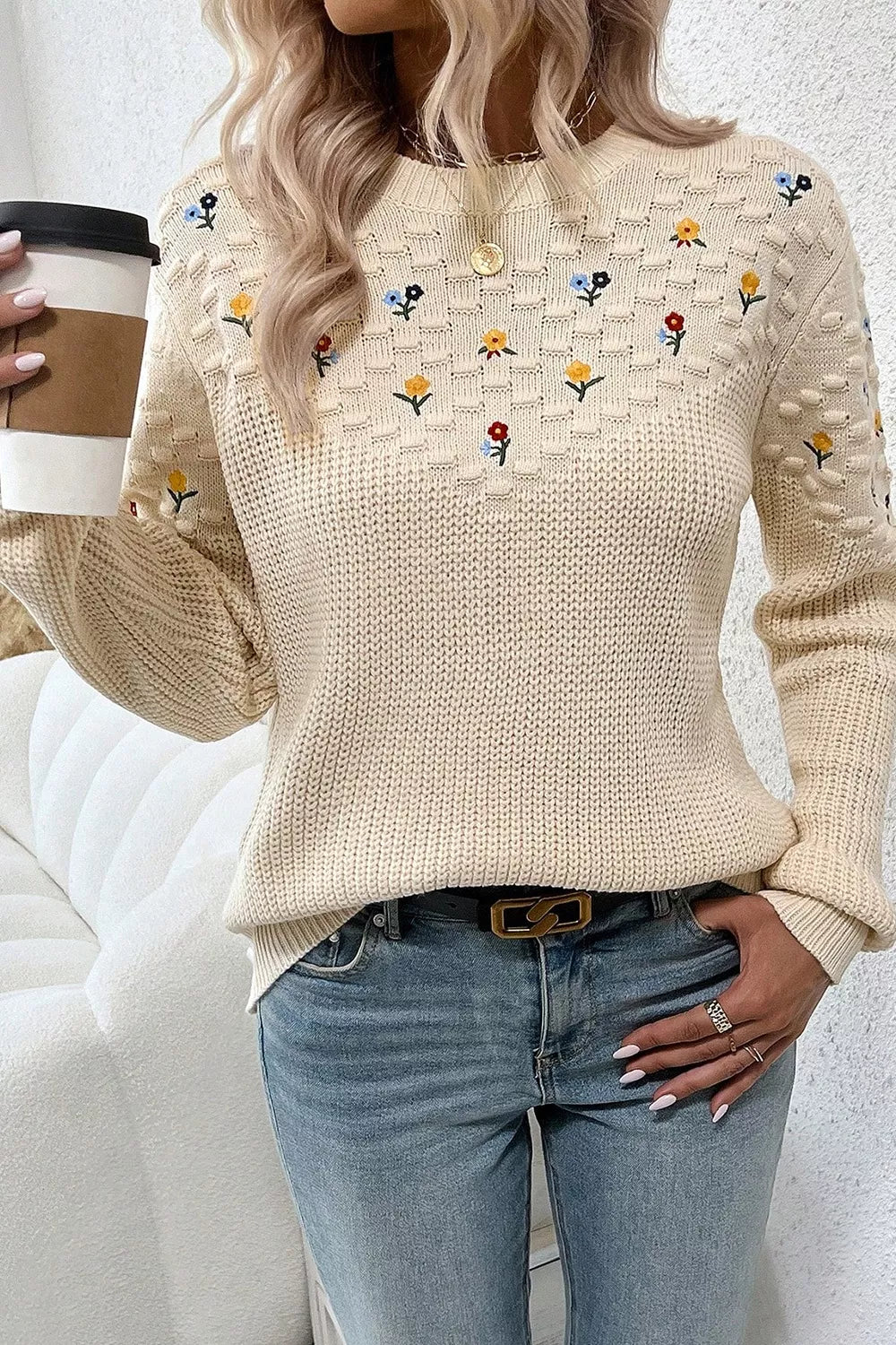 floral embroidered drop shoulder sweater beige back view