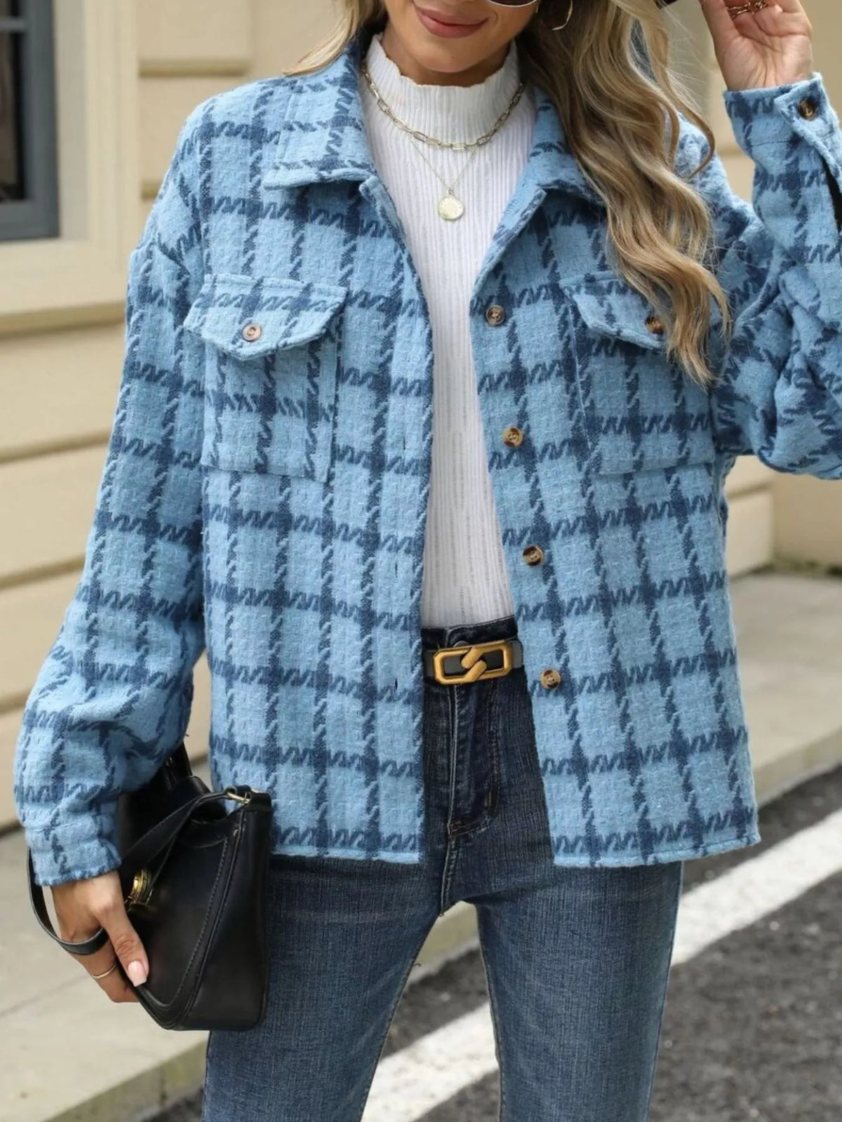 Plaid Button Up Jacket in White and Red view 12