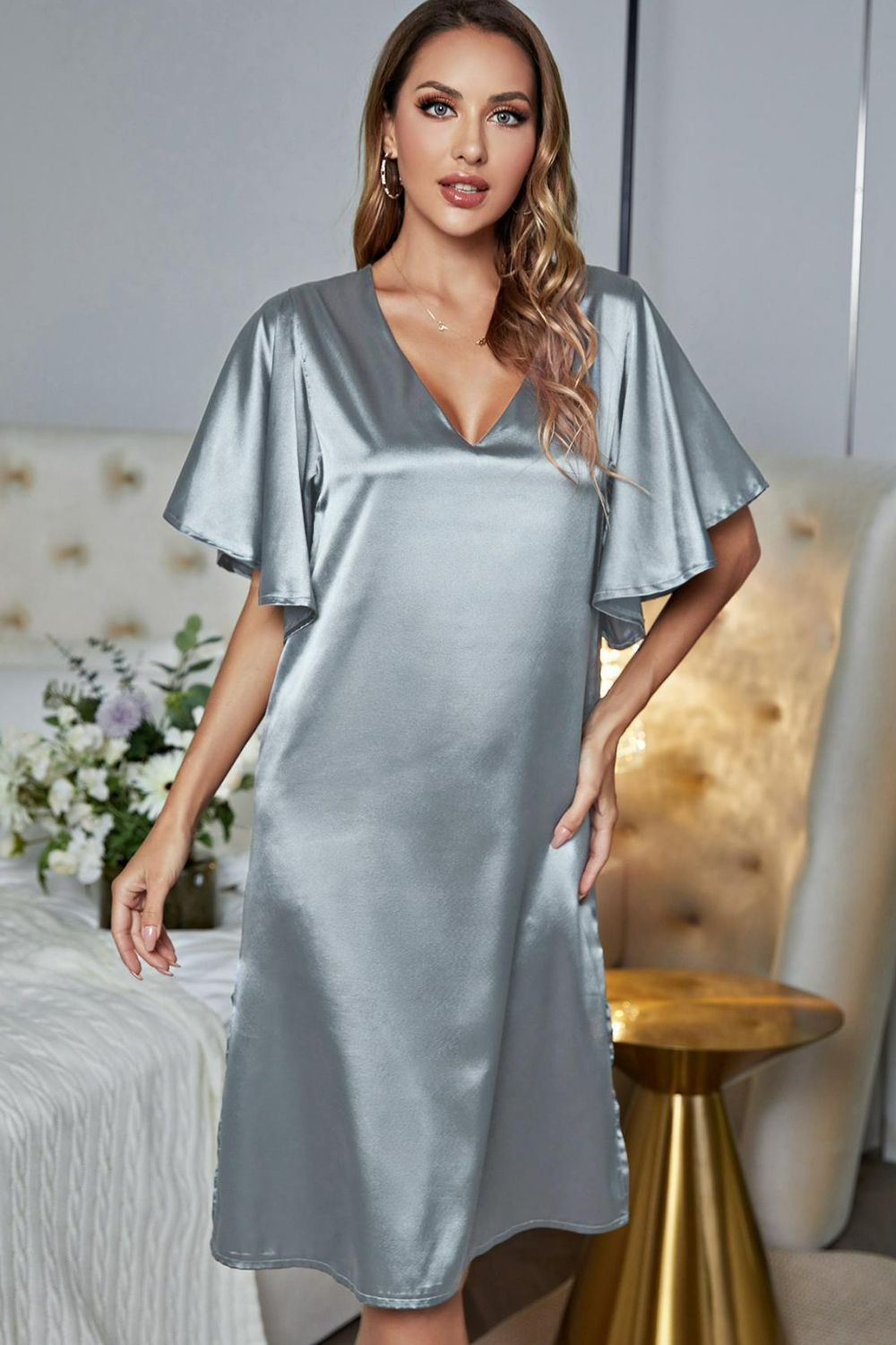 Satin Flutter Sleeve Side Slit V-Neck Night Dress - Fashorio