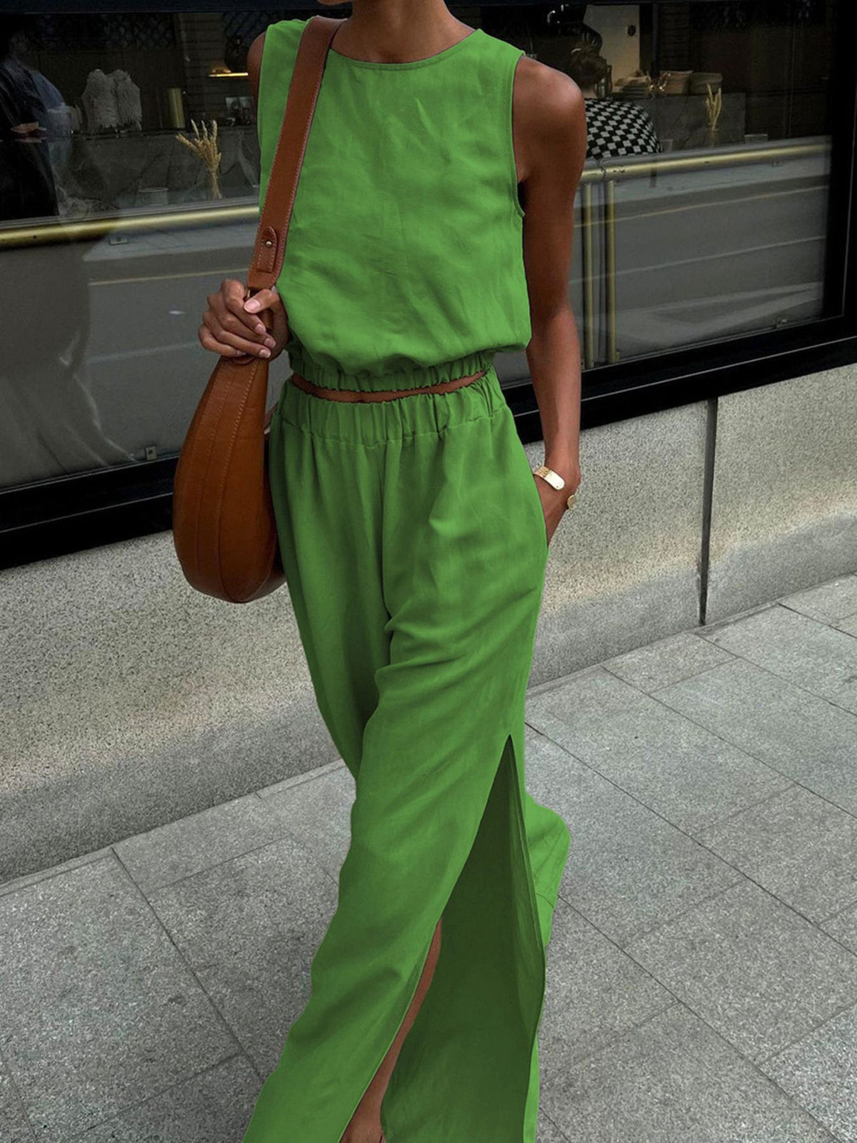 Crop top and side slit pants coordinated set styled