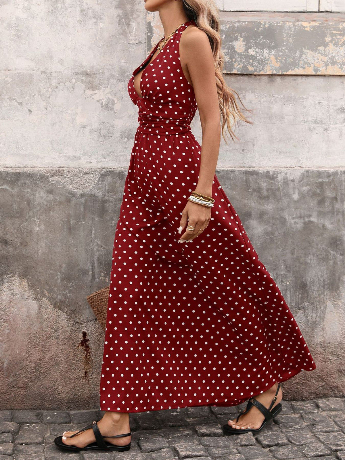 Polka dot halter neck maxi dress, back view