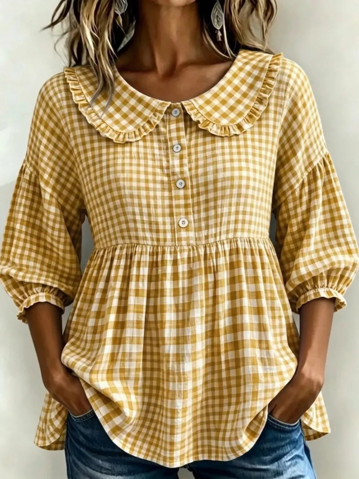 Gingham peter pan collar blouse full length view