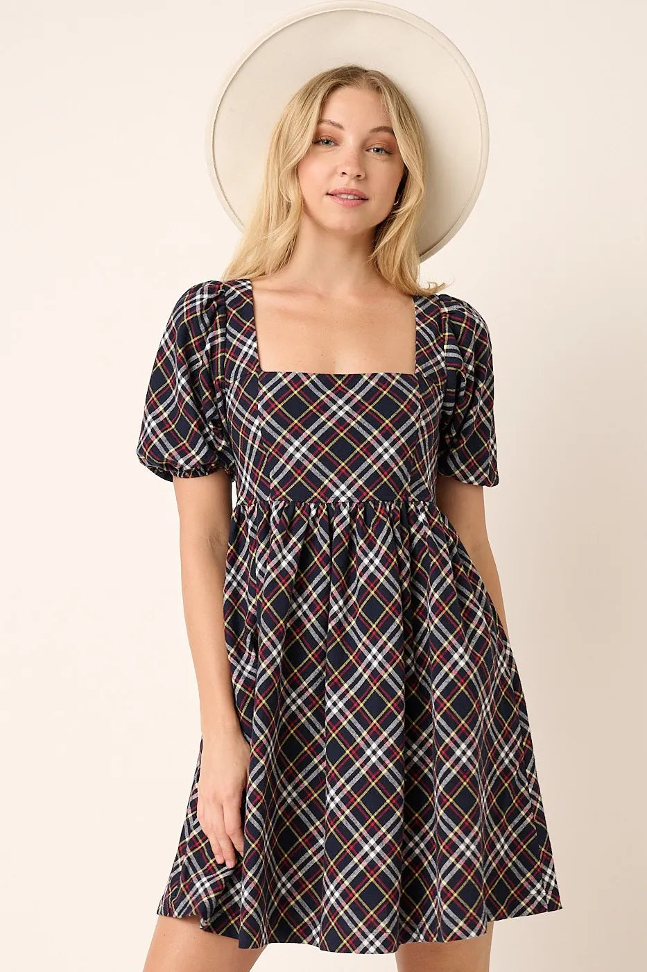 Checkered Print Puff Sleeve Babydoll Mini Dress back view