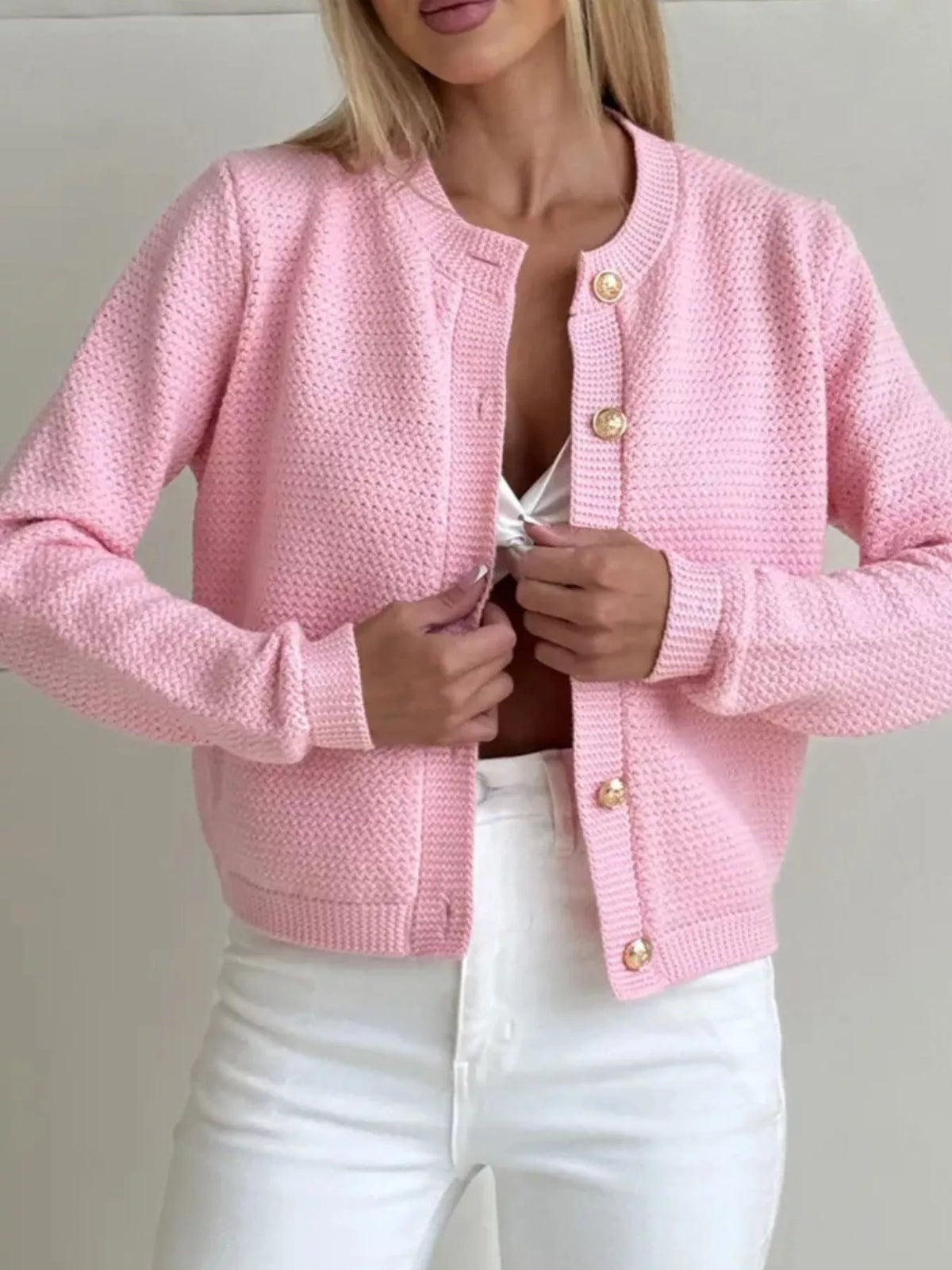 Texture knit cardigan sleeve close up