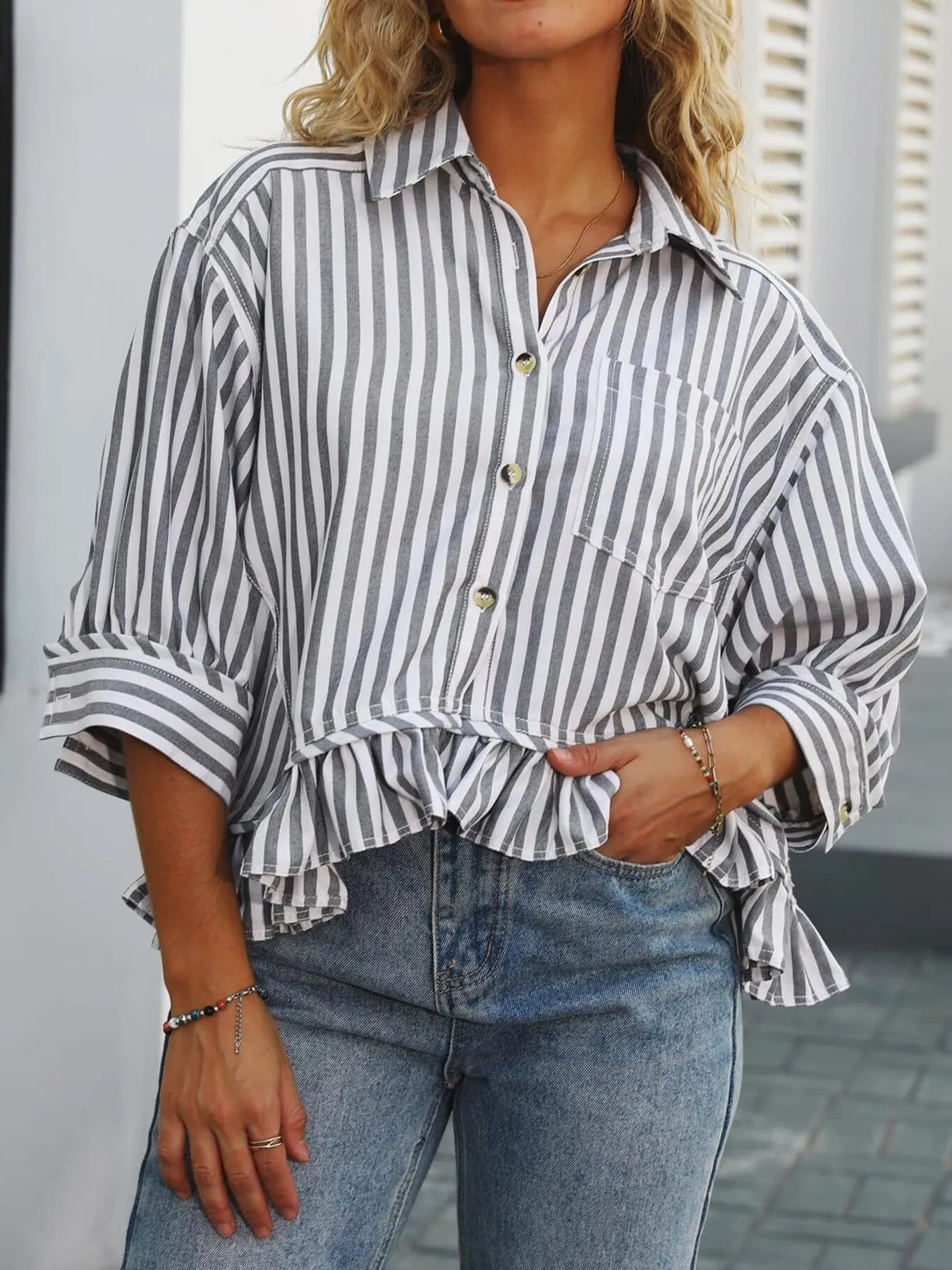 Striped Ruffle Hem Button-Up Shirt - Fashorio