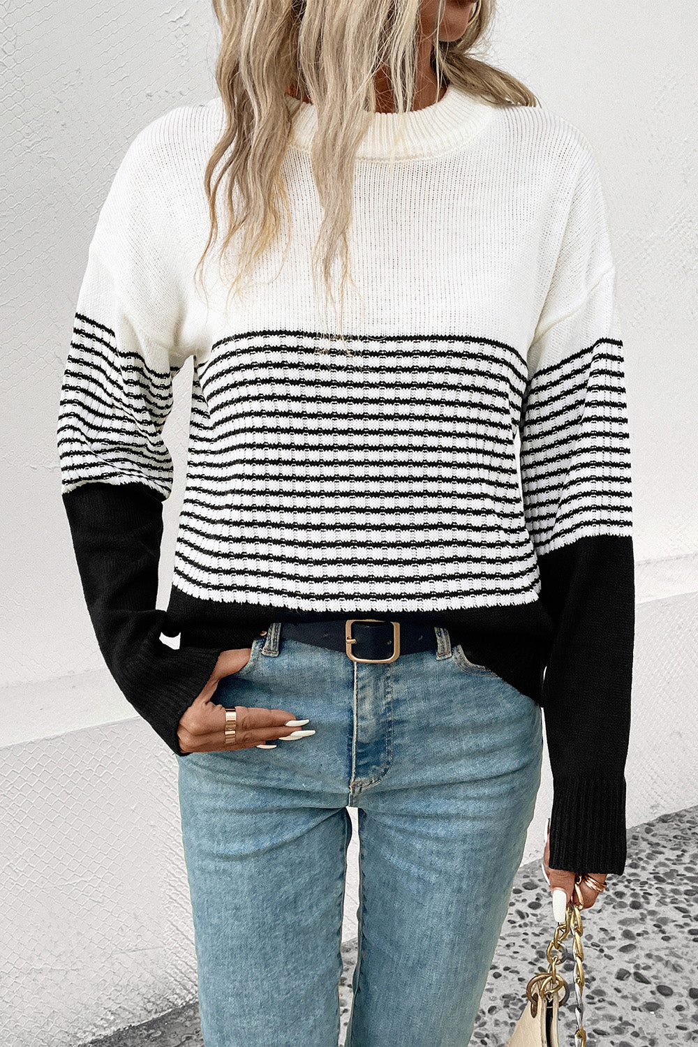 Perfee Striped Drop Shoulder Sweater White - Fashorio