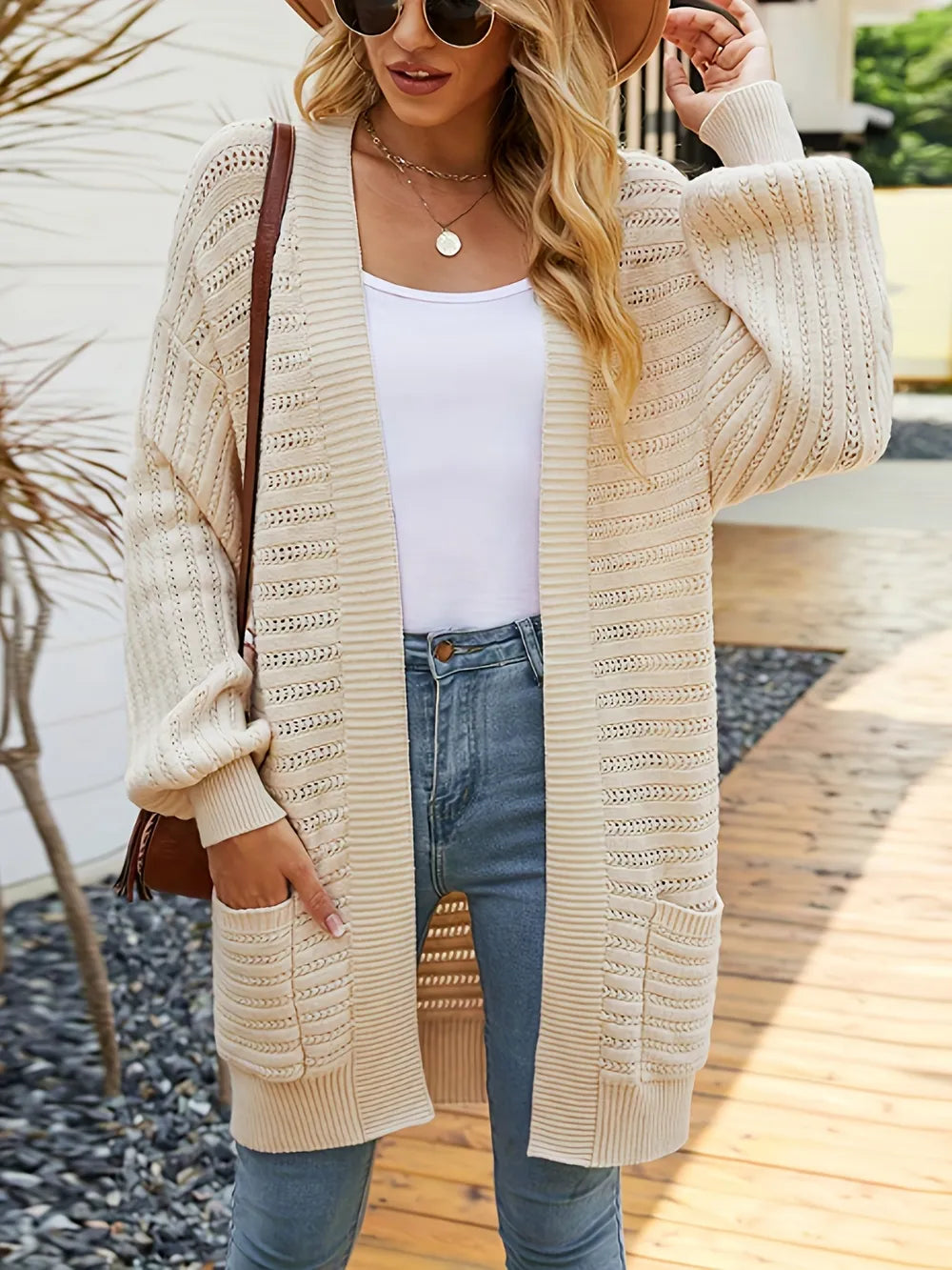 Open Front Sweater Cardigan with Pockets Ivory - Fashorio