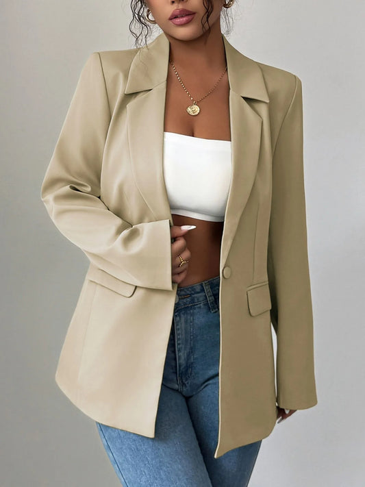 One Button Lapel Collar Blazer Khaki - Fashorio