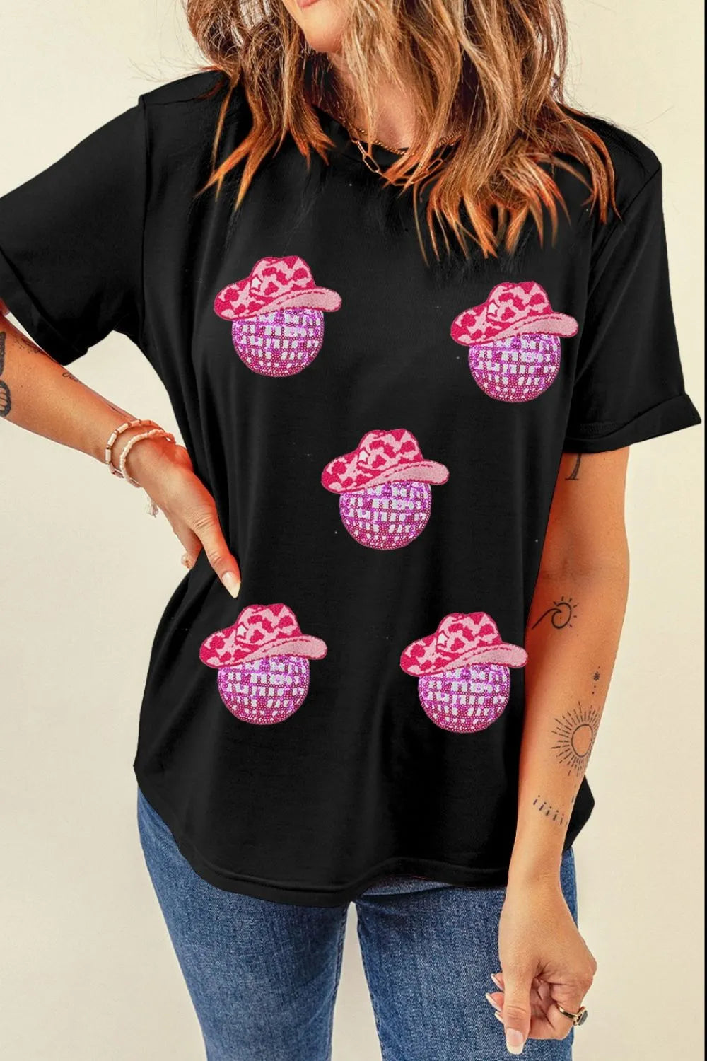 Cowboy hat disco ball graphic tee black front view