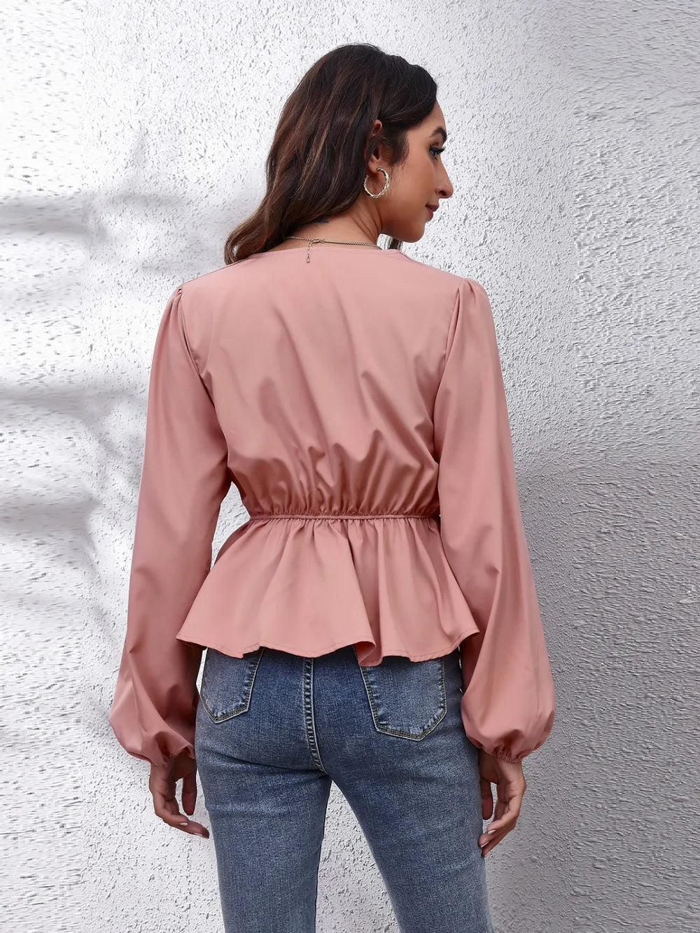 V-Neck Balloon Sleeve Peplum Blouse - Fashorio