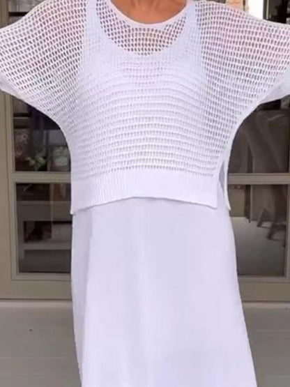 Full Size Openwork Knit Cover Up and Dress Set Plus Size - Fashorio