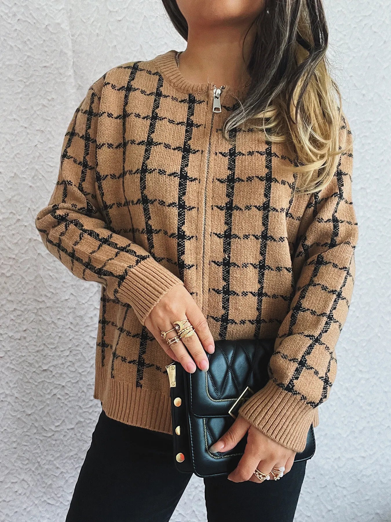 Plaid Pattern Zip Up Cardigan - Fashorio
