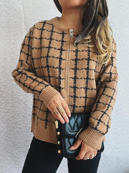 Plaid Pattern Zip Up Cardigan - Fashorio