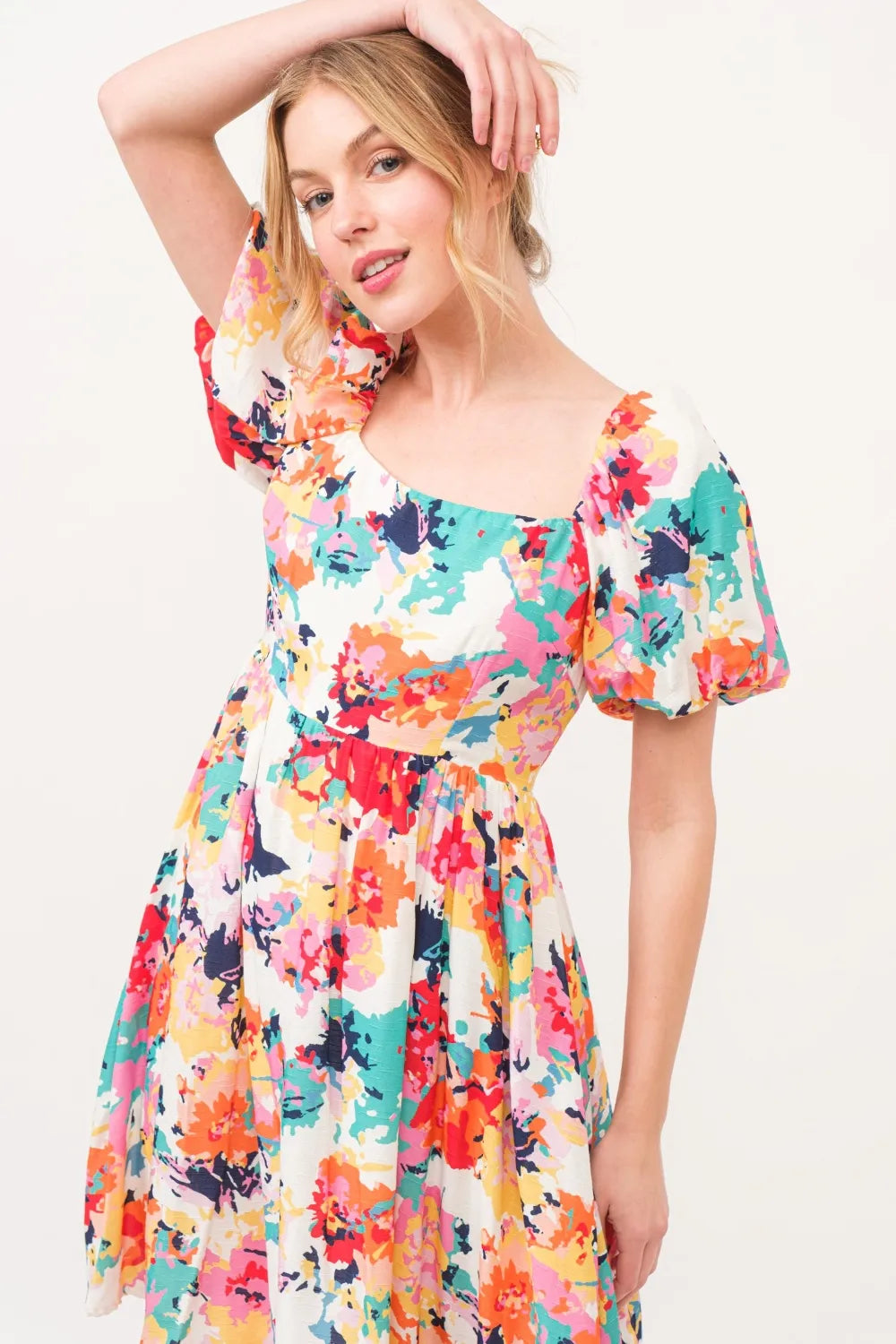 Square Neck Puff Sleeve Floral Dress side view