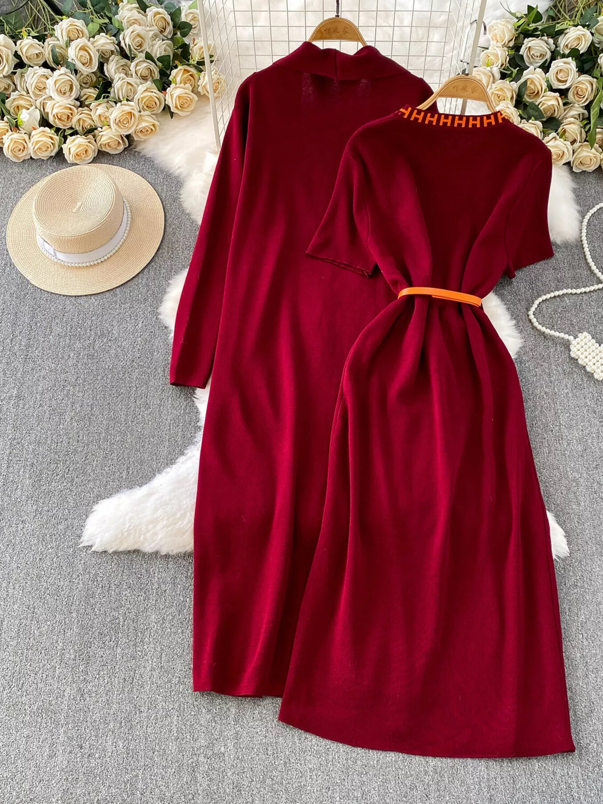 Round Neck Knitted Dress and Cardigan Set, view 7