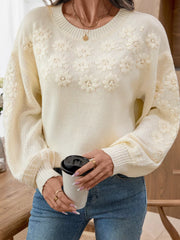 Flower Round Neck Long Sleeve Sweater Cream - Fashorio