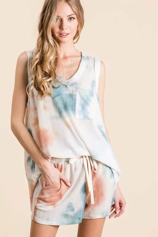 BiBi Tie Dye Textured Knit Top and Shorts Set TAUPE DUSTY BLUE - Fashorio