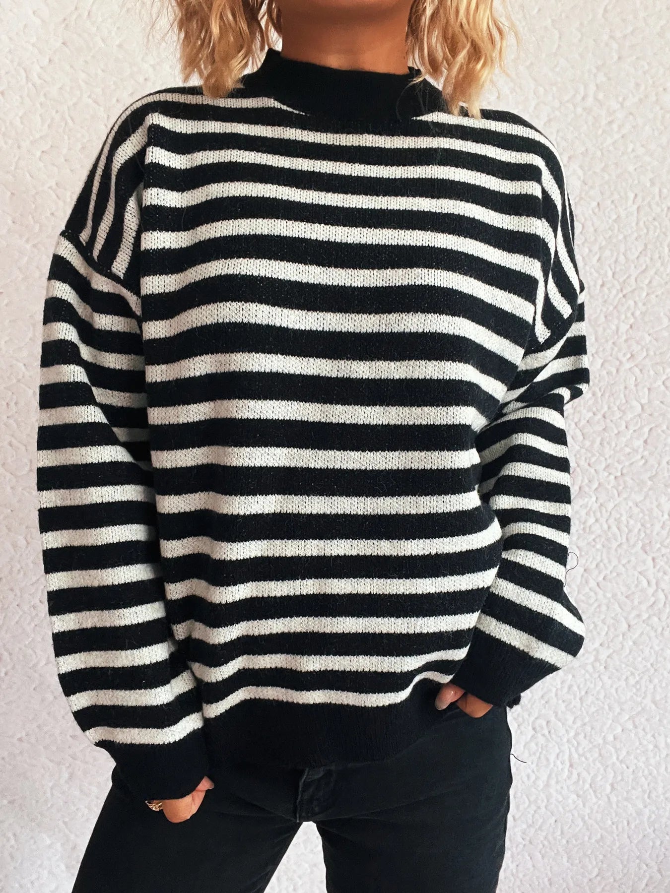 Striped Mock Neck Long Sleeve Sweater Black - Fashorio