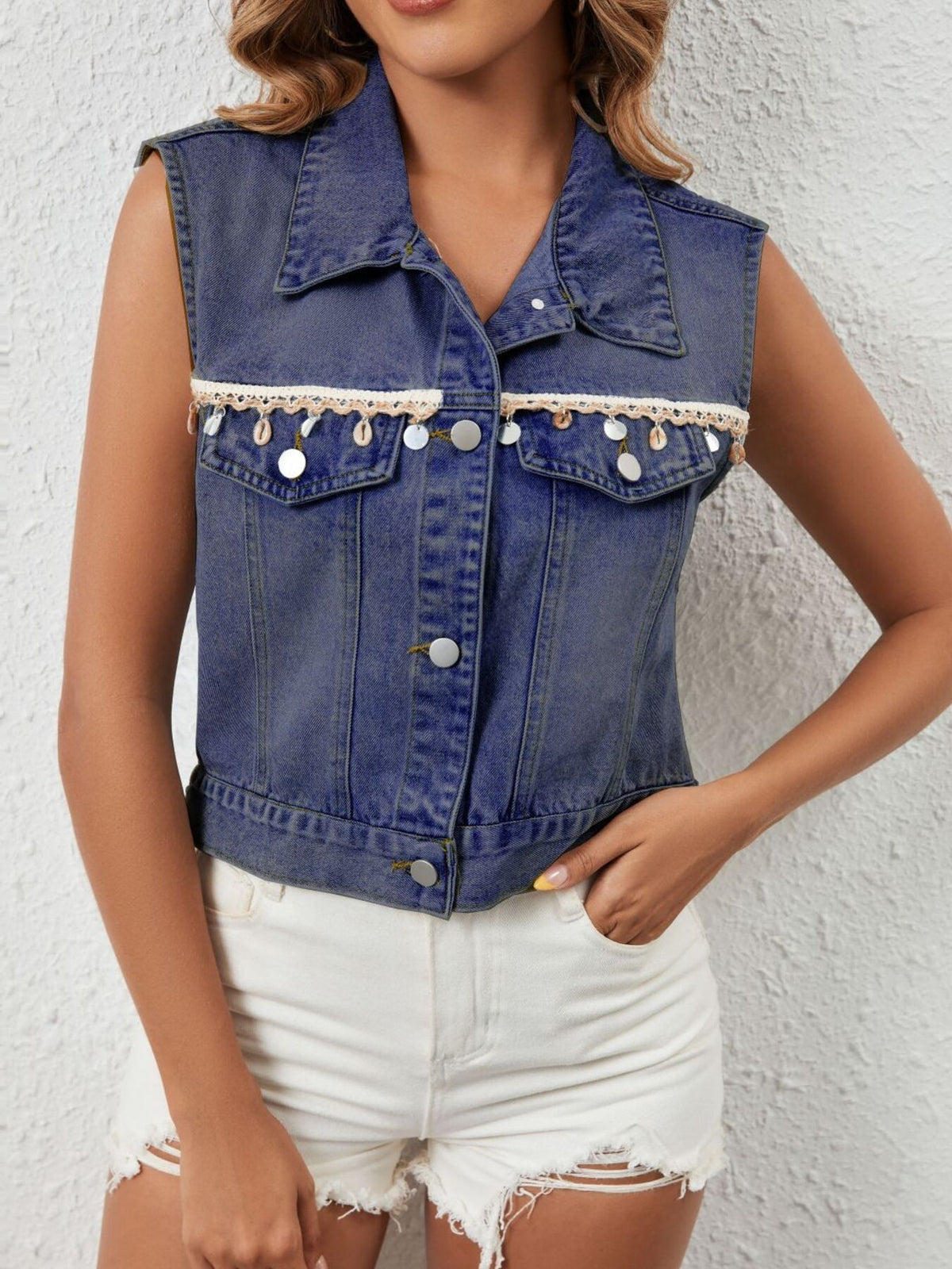 Button Up Denim Vest in Dark Blue view 7