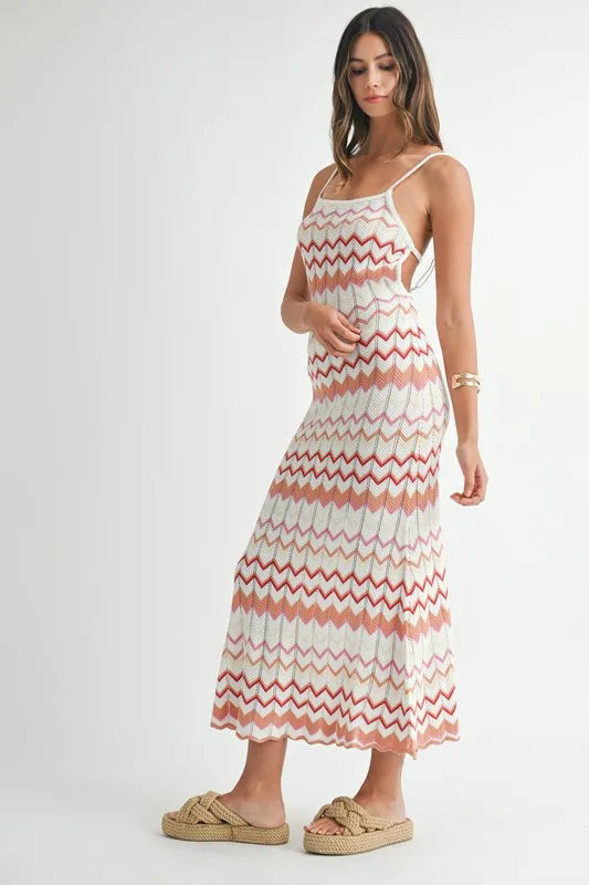 MABLE Lightweight Pointelle Chevron Knit Maxi Dress - Fashorio