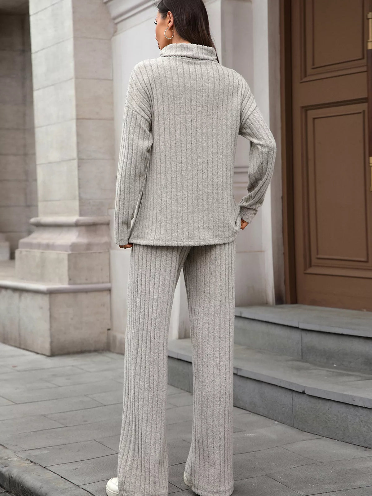 Ribbed turtleneck top and pants set close up of the neckline