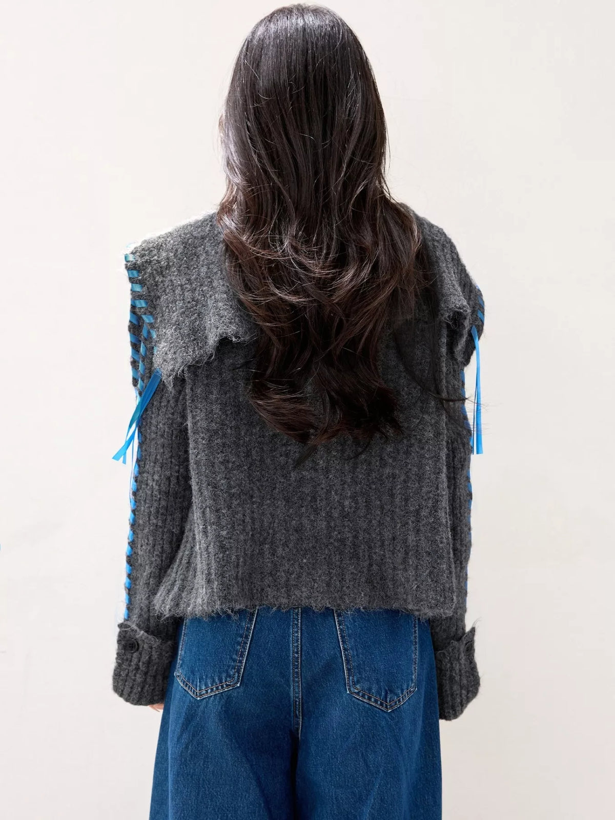gray ribbed cable knit open front cardigan button and trim detail