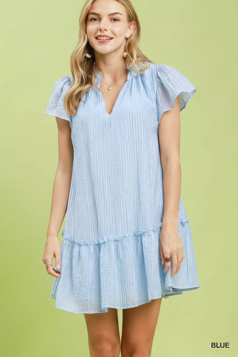 Blue textured ruffle hem mini dress front view